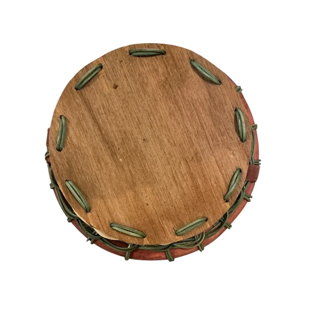 Vintage Woven Wicker Basket Round Wooden Base Red Green Natural 13x9x9